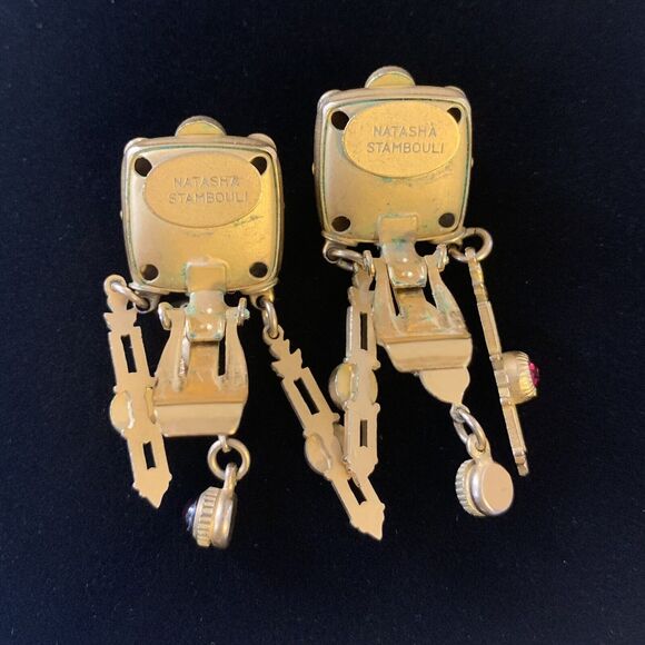 Vintage Natasha Stambouli Gemstone Matte Gold Plated Dangle Clip On Earrings - Picture 4 of 6